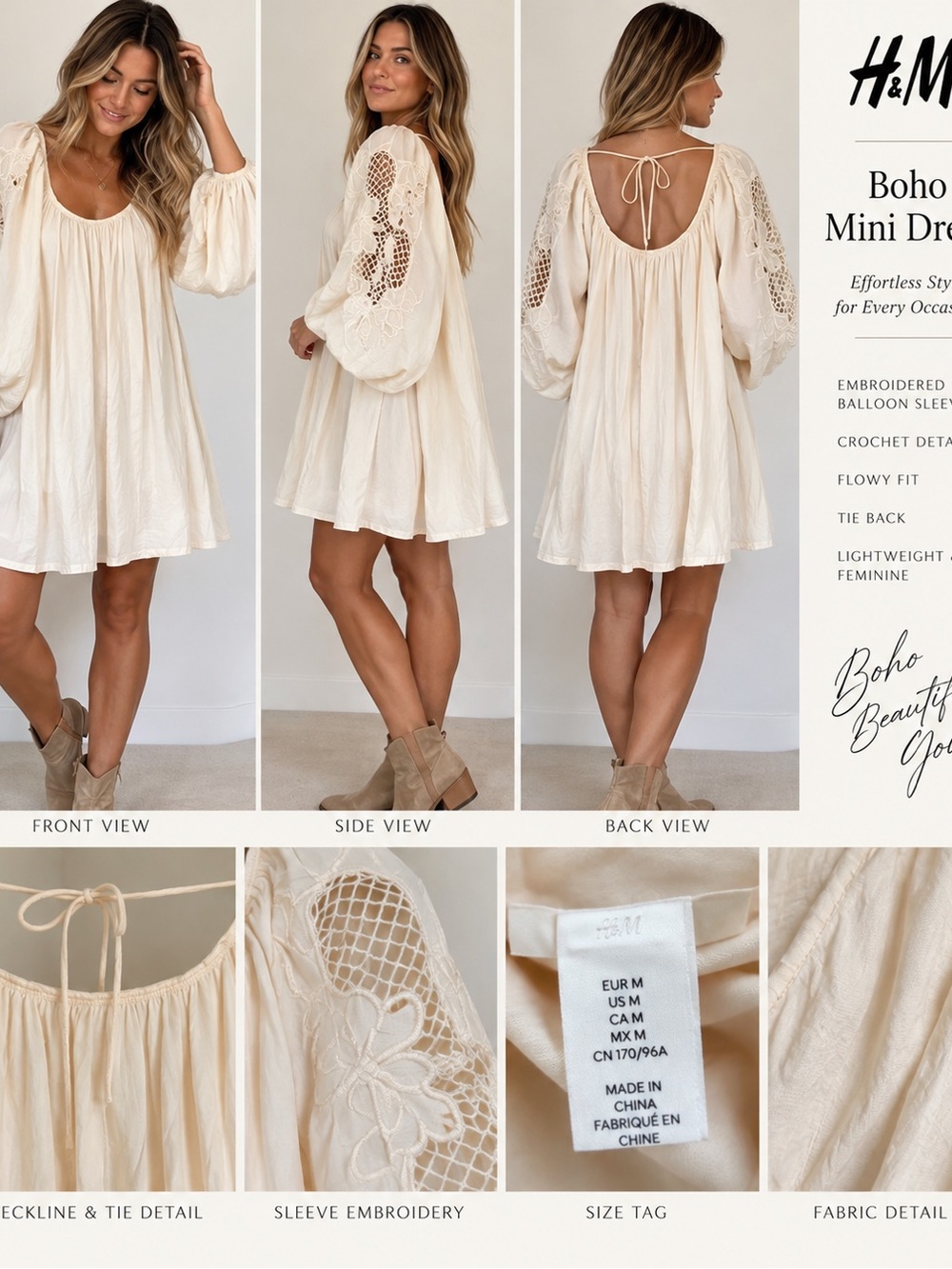 H&M Cream Embroidered Crochet Balloon Sleeve Boho Mini Dress M